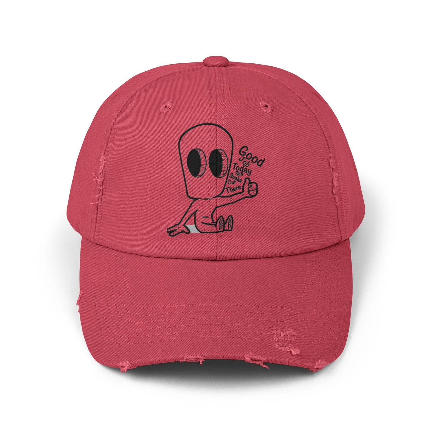 "Good Job" Distressed Cap with Whimsical Alien Design