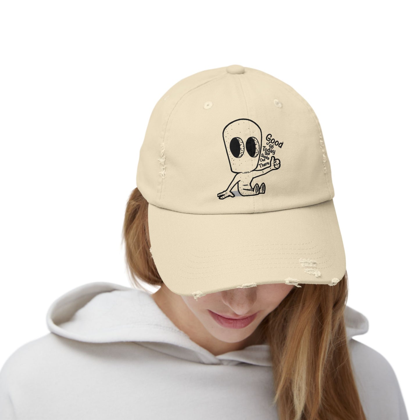 "Good Job" Distressed Cap with Whimsical Alien Design