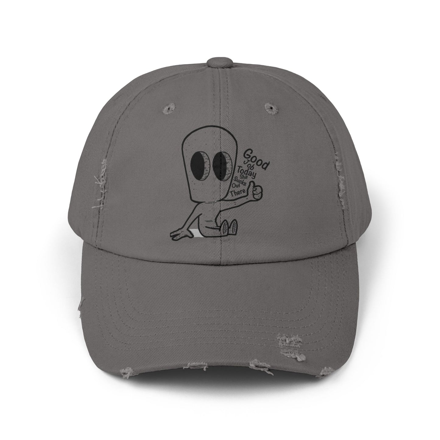"Good Job" Distressed Cap with Whimsical Alien Design