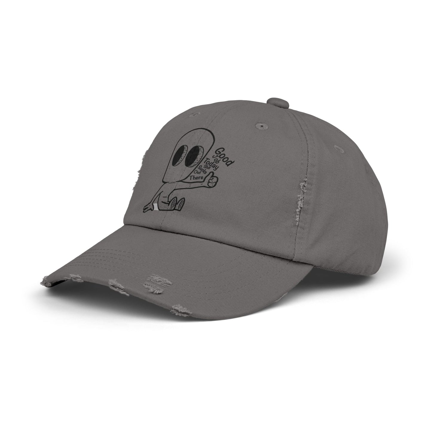 "Good Job" Distressed Cap with Whimsical Alien Design