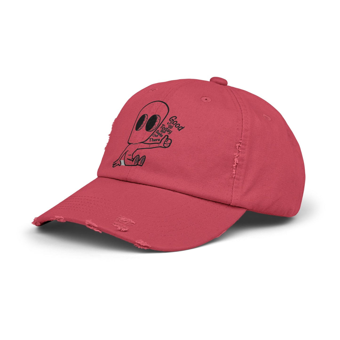 "Good Job" Distressed Cap with Whimsical Alien Design