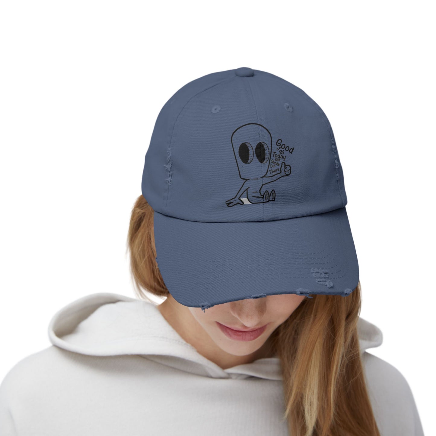 "Good Job" Distressed Cap with Whimsical Alien Design