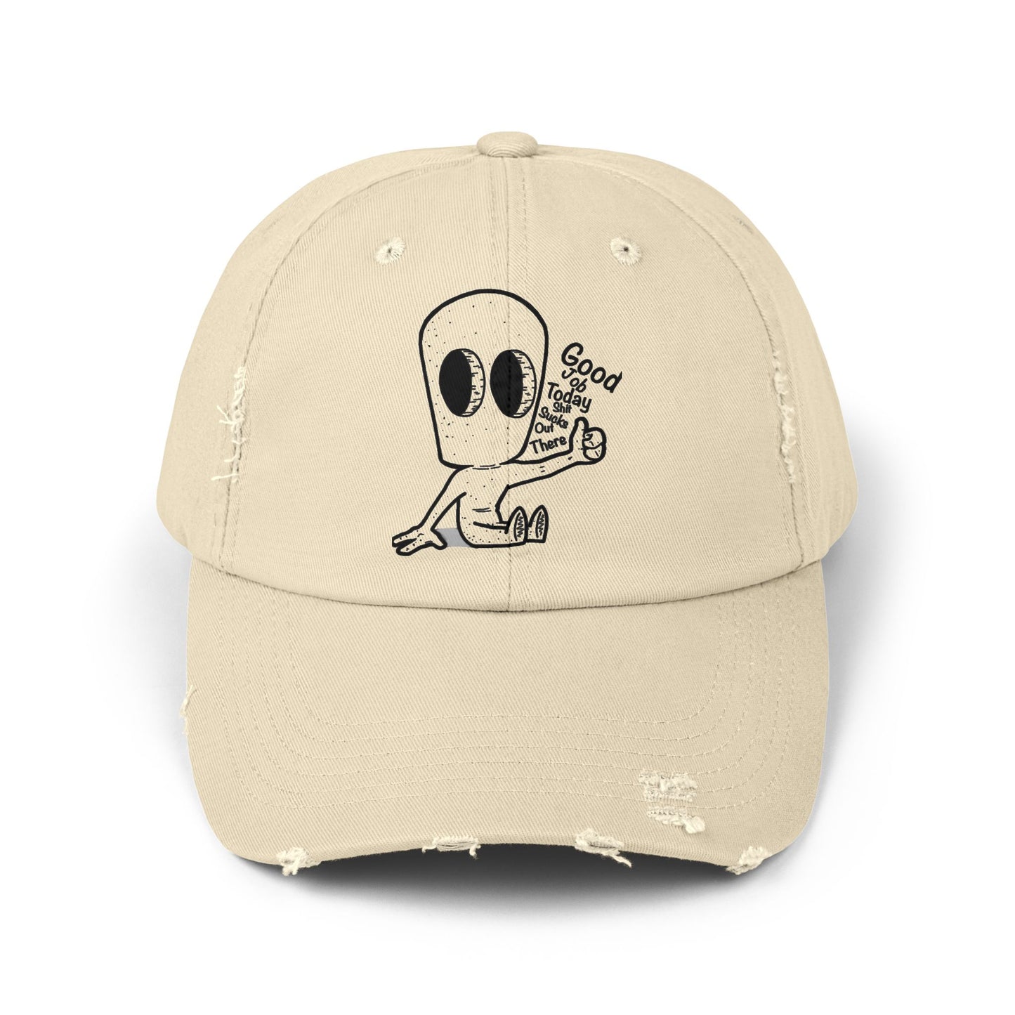 "Good Job" Distressed Cap with Whimsical Alien Design