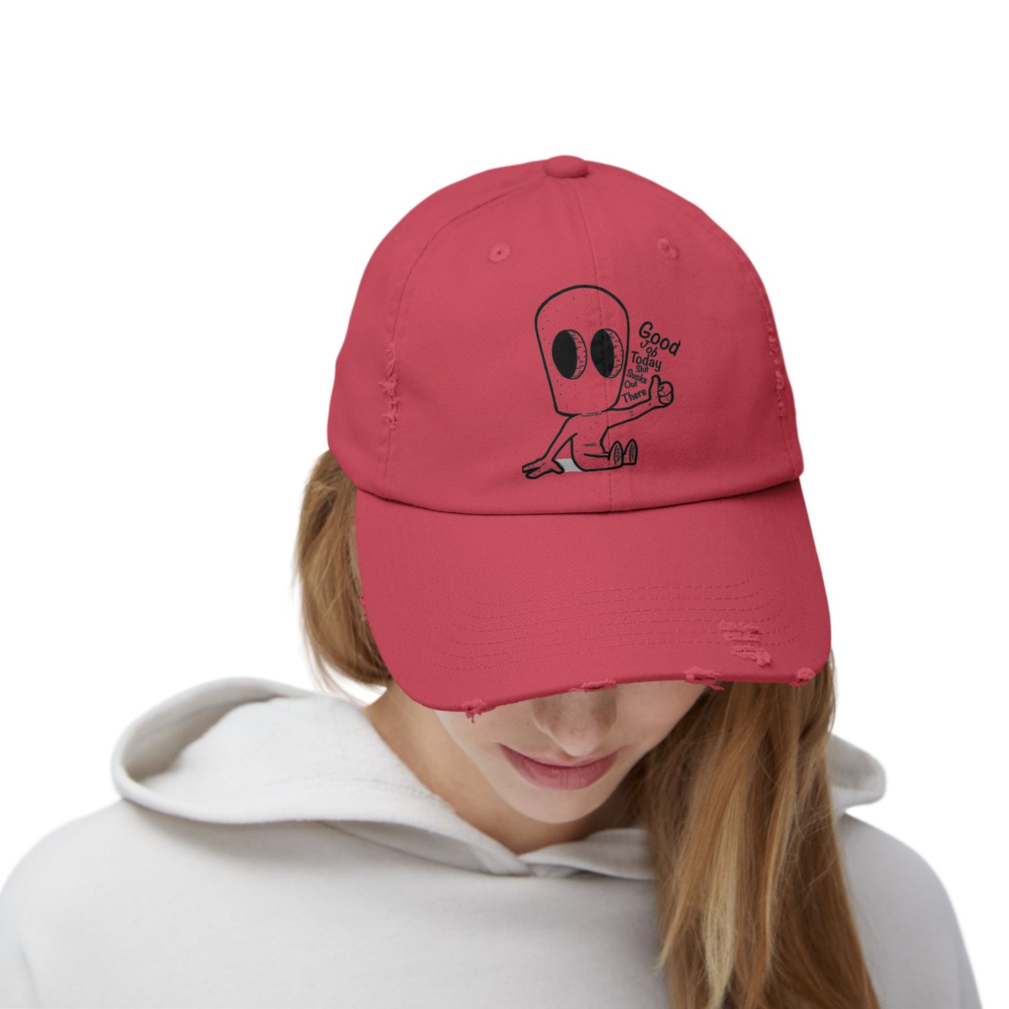 "Good Job" Distressed Cap with Whimsical Alien Design