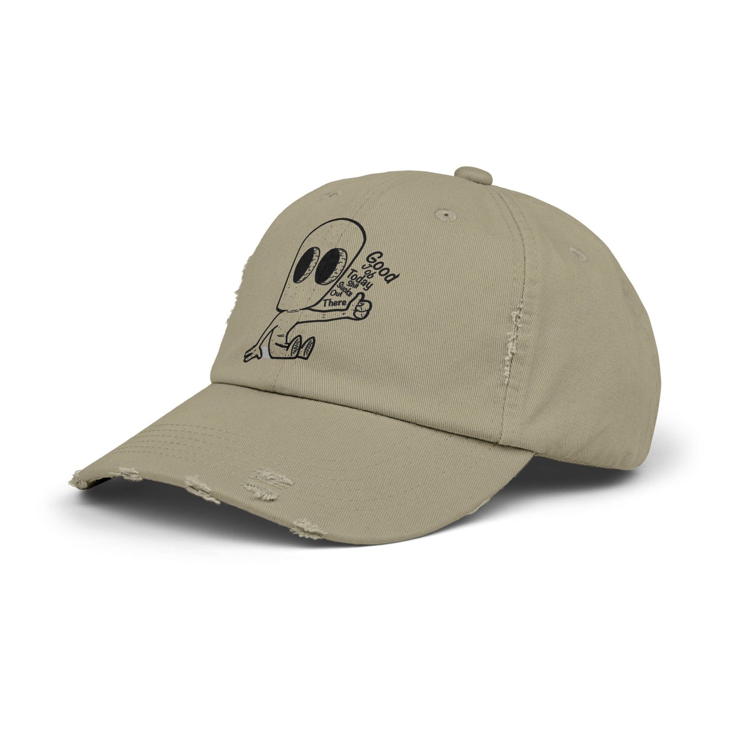 "Good Job" Distressed Cap with Whimsical Alien Design