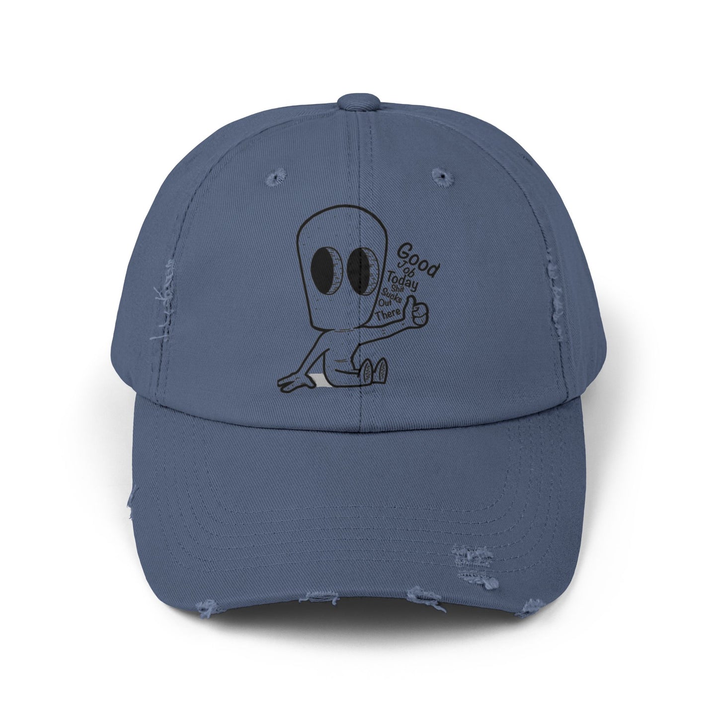 "Good Job" Distressed Cap with Whimsical Alien Design