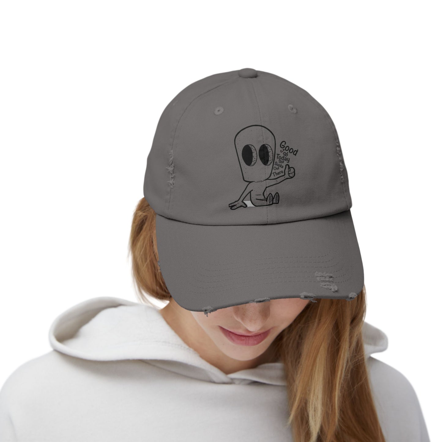 "Good Job" Distressed Cap with Whimsical Alien Design