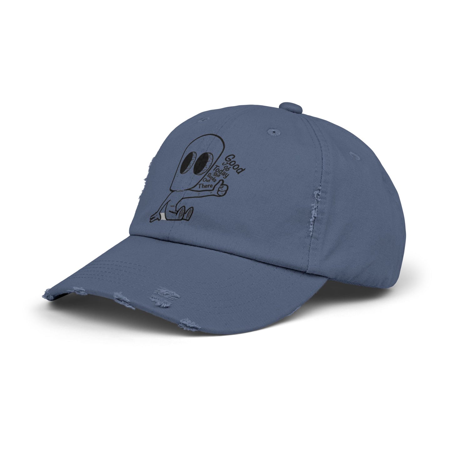 "Good Job" Distressed Cap with Whimsical Alien Design