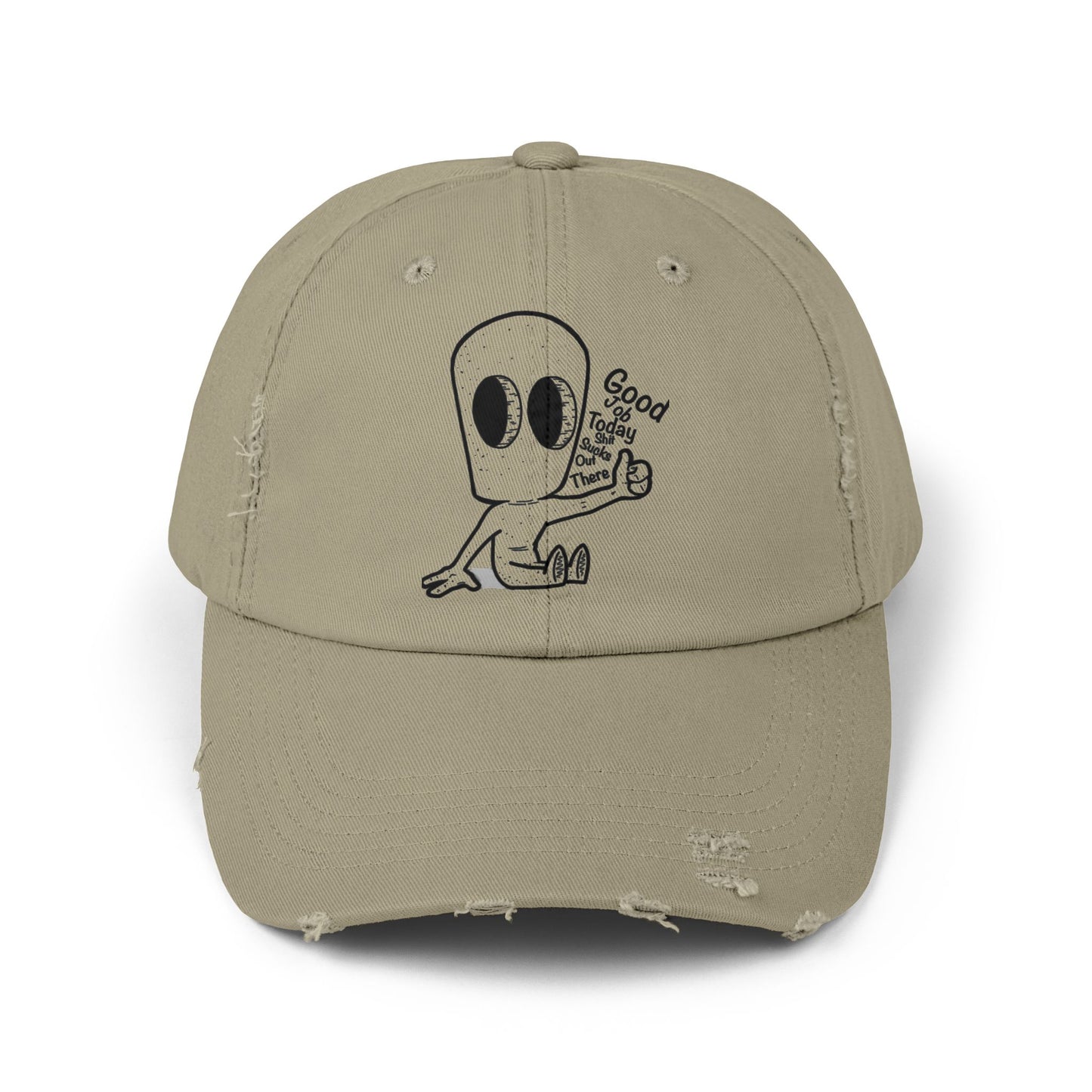"Good Job" Distressed Cap with Whimsical Alien Design