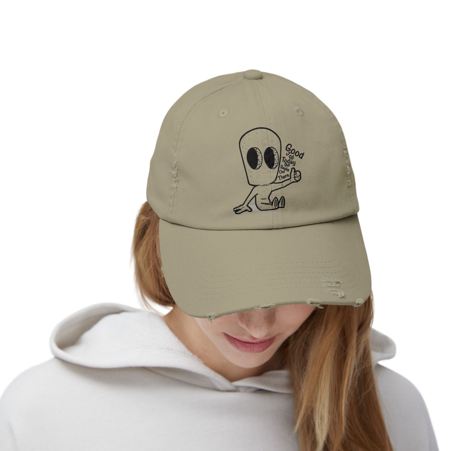 "Good Job" Distressed Cap with Whimsical Alien Design