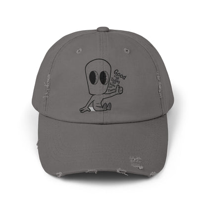 "Good Job" Distressed Cap with Whimsical Alien Design