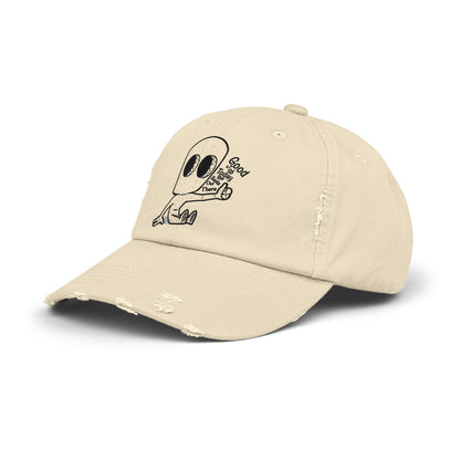 "Good Job" Distressed Cap with Whimsical Alien Design