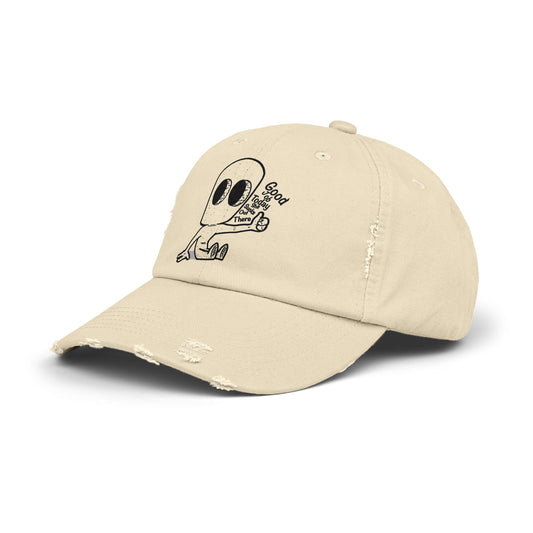 "Good Job" Distressed Cap with Whimsical Alien Design
