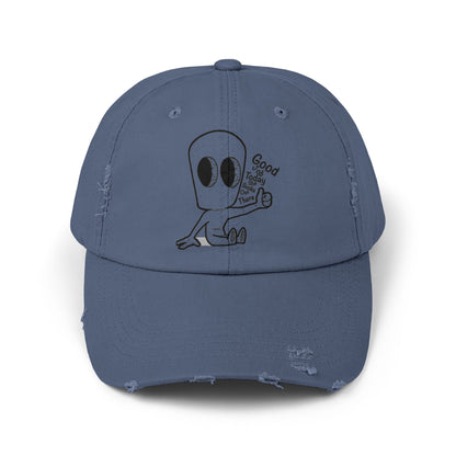 "Good Job" Distressed Cap with Whimsical Alien Design