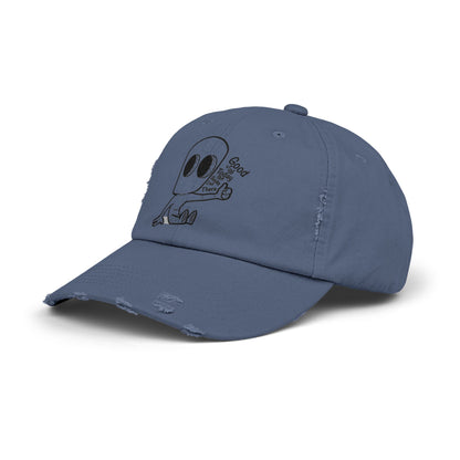 "Good Job" Distressed Cap with Whimsical Alien Design