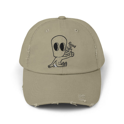 "Good Job" Distressed Cap with Whimsical Alien Design